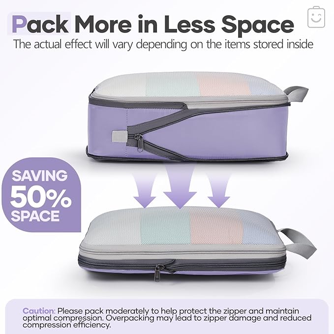 Veken 9/11 Set Compression Packing Cubes for Travel EssentialsCompressible Expandable Large Luggage Suitcase Organizer Bags for ClothingDurable Space Saver Storage Bags(Purple Gray)