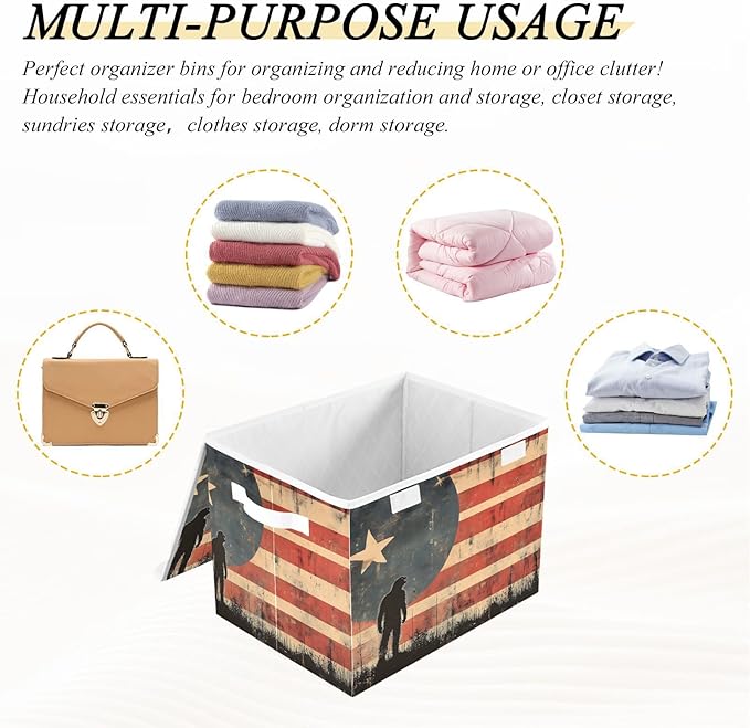 AIXIWAWA Lidded Storage Cube (American Sasquatch Flag) Fabric Foldable Closet Bins with Flip Lid and Handles Organizer Basket Container 16.5 x 12.6 x 11.8 IN