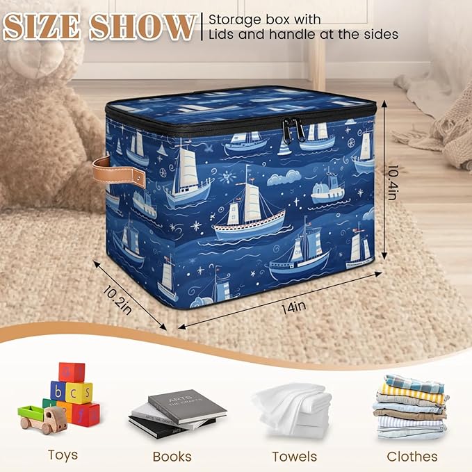 Storage Bins with Lids Cartoon Ship Storage Basket Clothes Organizer with Handles Closet Storage Containers for Clothing Bedding Blanket