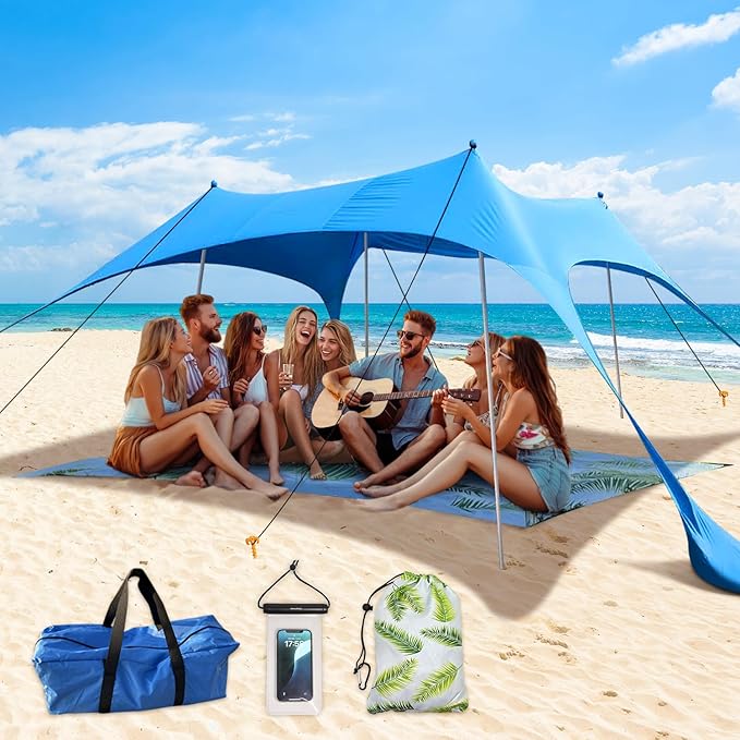 Beach Canopy Tent with UPF50+ Protection Sun shelter Umbrella Portable Camping Tents 12X12FT Include Beach Blanket Phone Case with Sandbags Poles Anti-Wind Ropes for Beach Camping Backyard Picnics