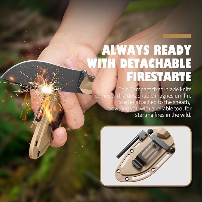DRACHENADER Survival Knife with Fire Starter L-Y 7.68 Full Tang Small Fixed Blade Knife with Belt Clip Khaki + Stonewashed Black