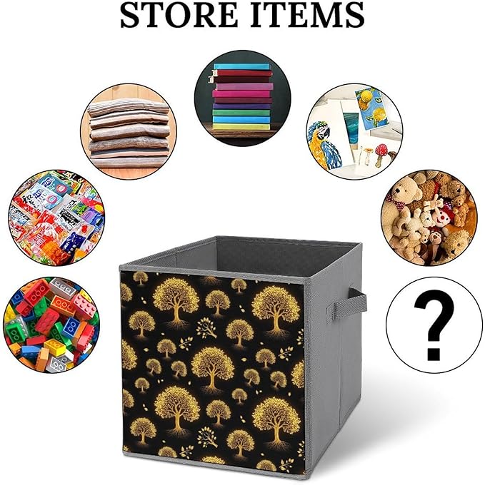 Collapsible Storage Bins with Handles Gold Black Tree Life Celtic Art Foldable Cube Organizer Box for Closet Shelf Toy Storage Space-Saving Home &amp Office Decor