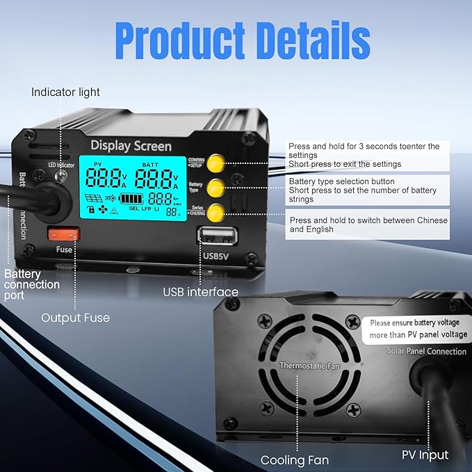 400W Boost MPPT Solar Charge Controller LCD Solar Panel Regulator for24V/36V/48V /60V/72V Lead-Acid LiFePO4 Gel Flooded Batteries etc in Golf CarteBikeClub Car Scooterand Solar System