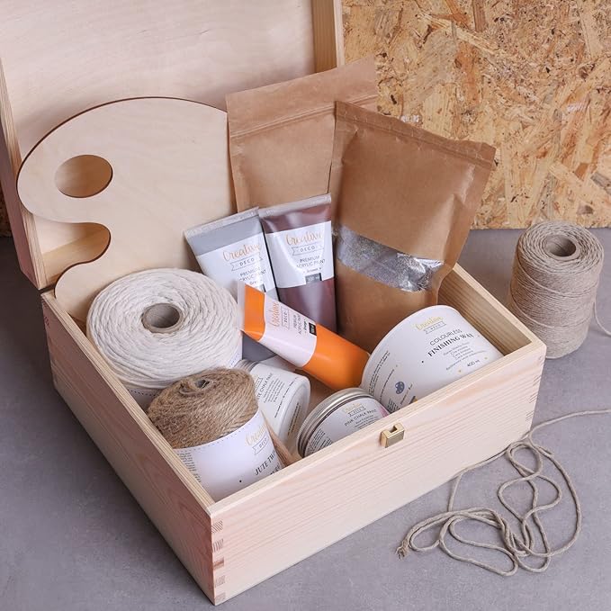 Creative Deco Wooden Storage Box Unpainted Plain | 11.41 x 9.84 x 5.51 in | Golden Latch &amp Lid | Perfect for Storing Valuables &amp Small Items in the Office or Bedroom | Keepsake Memory Trinket