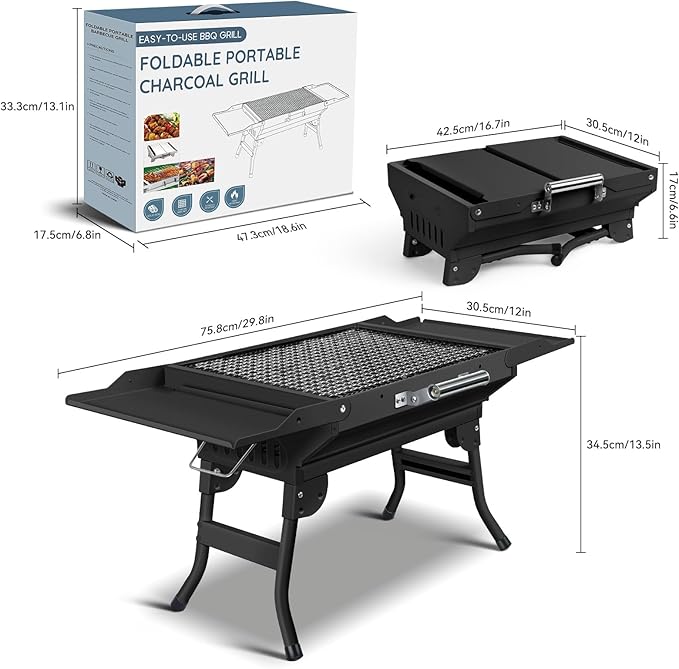 Portable Charcoal Grill Foldable Grills BBQ Grill Charcoal Small Grill for Travel Camping Outdoor Cooking Backyard Hiking Patio Garden Picnics Black