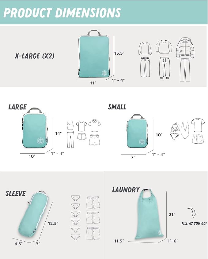 Large Compression Packing Cubes for Travel-Packing Cube Luggage Organizers 7 Piece Set for Checked Luggage-Ultralight Expandable/Compression Bags by TRIPPED Travel Gear (DustyTeal/White)