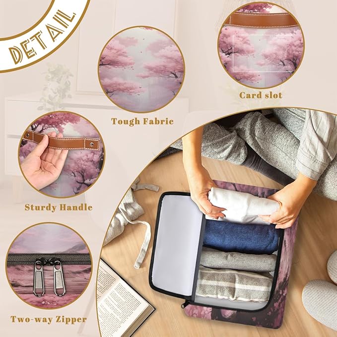 KOBLEN Pink Cherry Blossoms Storage Basket Collapsible Rectangular Storage Bins with Zipper Lid Handle Closet Shelf Cloth Organizer Basket for Nursery Bedroom Clothes Toy
