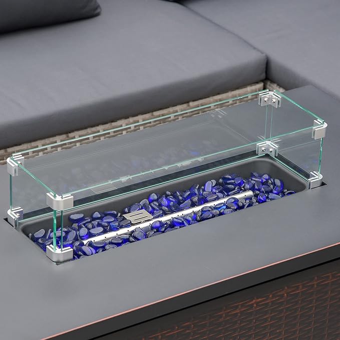 Outsunny 43 Inch Outdoor Propane Gas Fire Pit Table 50000 BTU Auto-Ignition Rectangular Wicker-Effect Gas Firepit with Glass Wind Guard Lid Glass Beads Steel Base CSA Certification Bronze