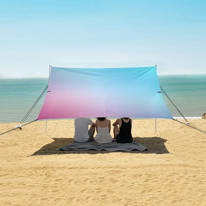 Teal Gradient Blue Pink Colored Blurred Stable Beach Tent UPF50+ Easy Setup Portable Sun Shelter with Sand Pockets for Family Trips Picnics &amp Camping