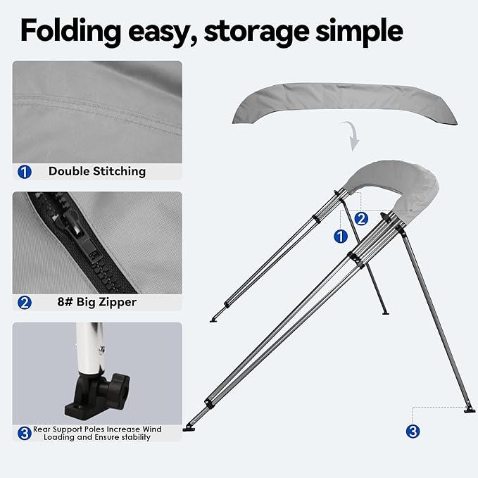 Deckpro 3 Bow / 4 Bow Bimini Tops for Boats 600D Marine Grade Fabric Boat Canopy Cover Waterproof &amp Durable with Straps Mounting Hardware &amp Storage Boot Boat Accessories