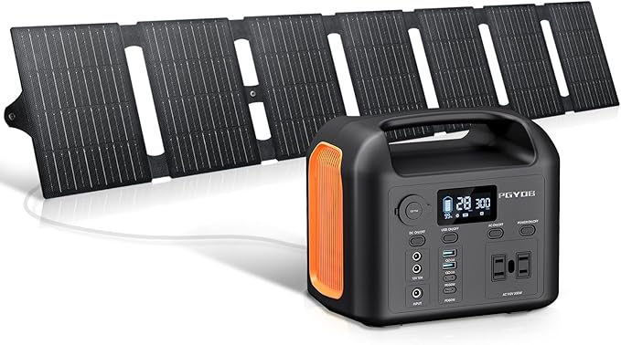 PGYOB Portable Power Station with 55W Solar Panel 299Wh LiFePO4 Backup Battery 300W Pure Sine Wave AC (600W Peak) Car Outlets PD 60W QC3.0 Solar Generator Power Bank for Camping Emergency CPAP