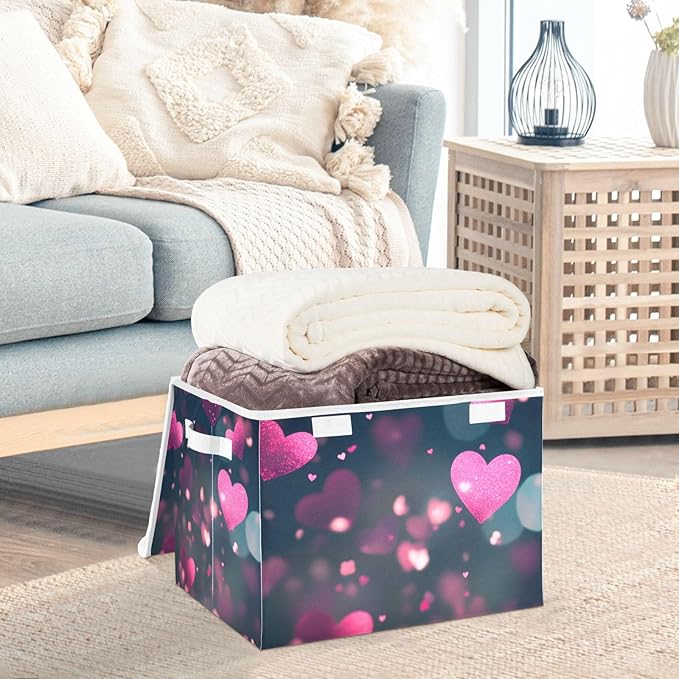 senya Valentines Baskets Collapsible Storage Bins with Lids Love Hearts Romantic Storage Boxes Clothes Baskets for Organizing