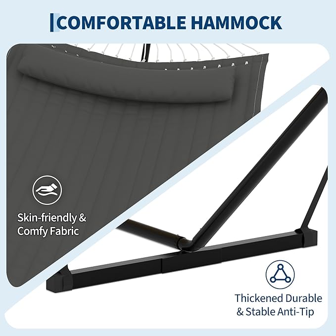 2 Person Double Hammock with Stand &amp Pillow 450 LBS Heavy Duty Outdoor Hammock with Balance Rope for Patio Backyard Poolside