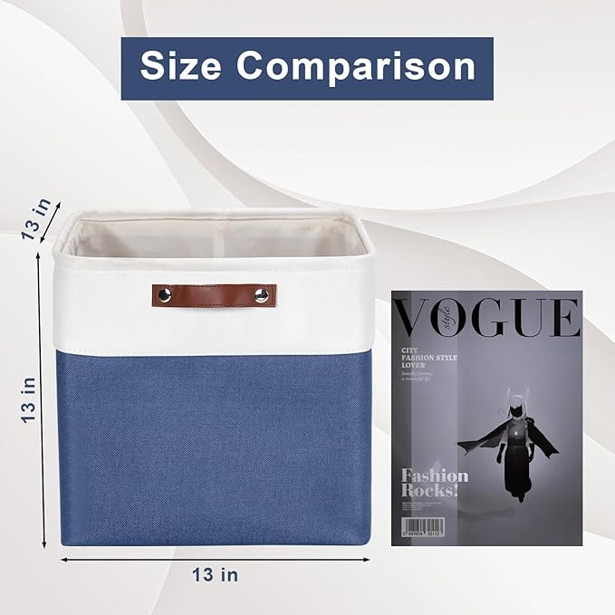13x13 Cube Storage Bins Collapsible Fabric Storage Box 4 Pack Closet Baskets with Handles for Organizing Shelf Toys Clothes Home Office Nursery (NavyBlue&ampWhite)