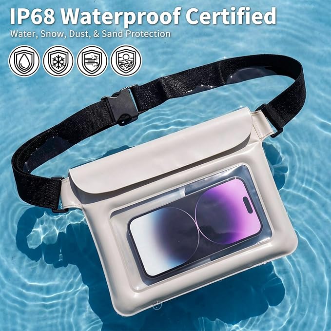 Waterproof Dry Bag Set 2 Pcs: White 9.8 Clear Fanny Pack with Black Waterproof Phone Case -7 Phone Pouch IPX8 Floating Water Proof Belt Bag with Adjustable Strap for Cruise Beach Swim Essentials