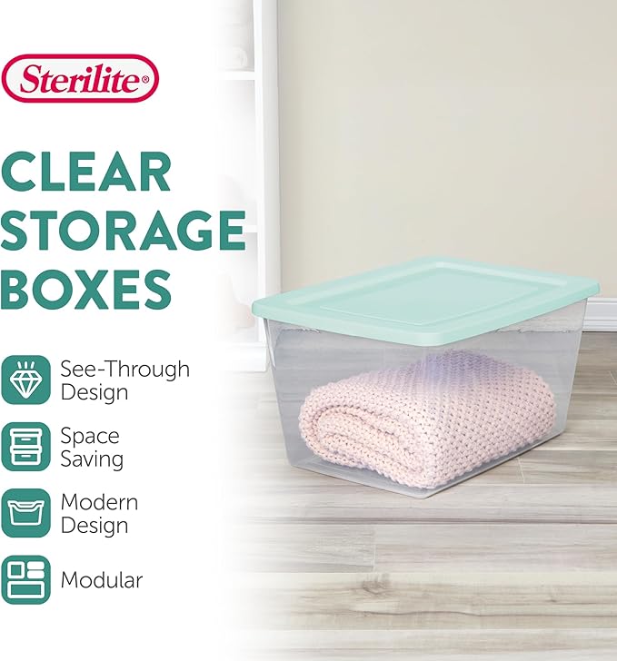 Sterilite 32 Pack Storage Boxes Clear Plastic Stackable Containers Lightweight Home Organizers with Snap Lids 58 Quart Mindful Mint