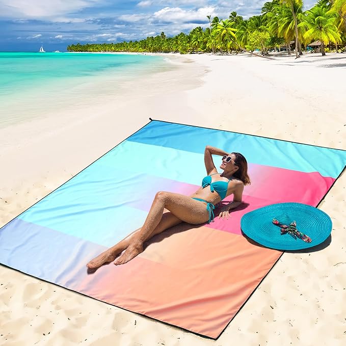 Beach Blanket Waterproof Sandproof Beach Mat 79 X 83/10'x9'for 2-8 Adults Quick Drying Outdoor Picnic Mat Beach Accessories for Travel Camping Hiking