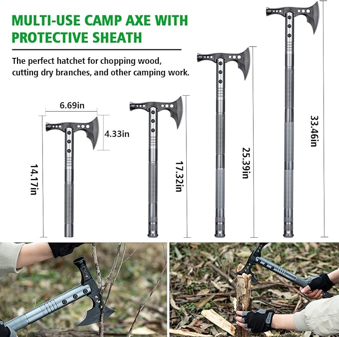 ZENHOSIT Multifunctional Folding Tactical Shovel Hatchet Combo - With Axe Flashlight Extension Handles - For Camping Cycling Hiking - 19.3-40.9 Inches