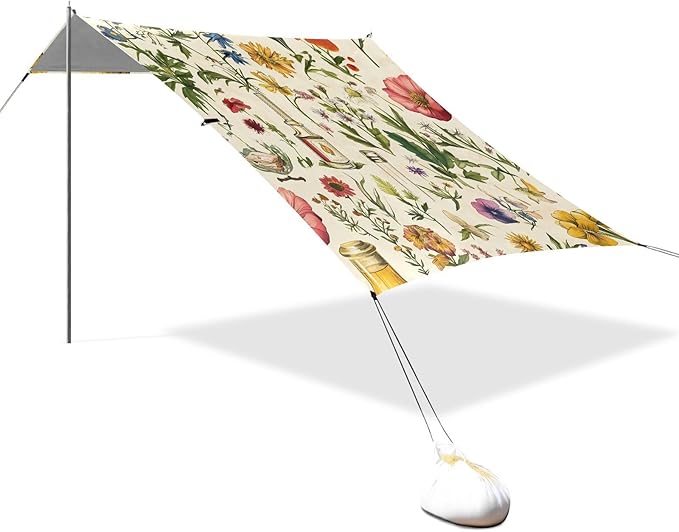 Flowers Leafs Beach Tent UPF50+ Protection Water-Resistant Large Portable Sun Shelter with Sandbags &amp Sand Shovel for Family Trips Picnics &amp Camping