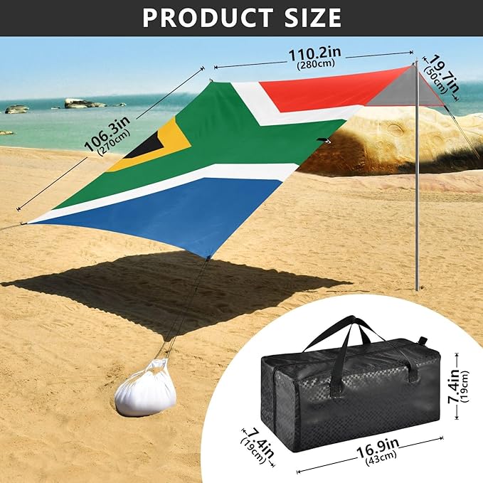 South Africa Flag Beach Canopy UPF50 Easy Setup Large Sun Shelter with Sand Shovel Sandbags for Camping Picnics Backyard &amp Fishing