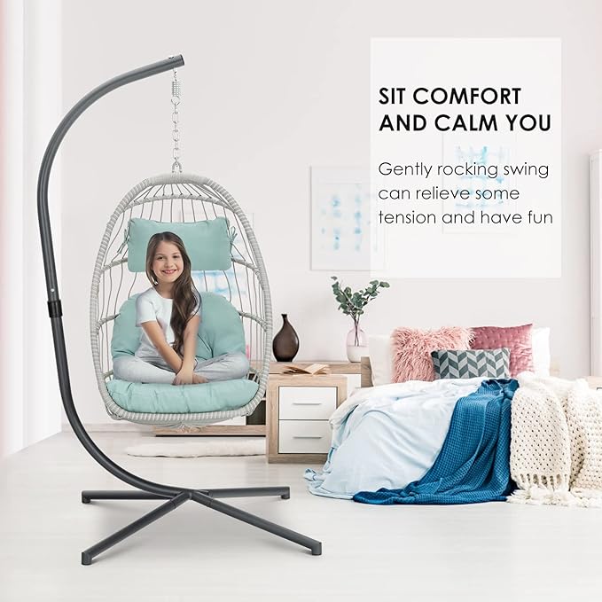 Brafab Egg Chair with Stand Indoor Outdoor Swing Egg Chair Patio Wicker Hanging Chair with Stand Hammock Egg Chairs with UV Resistant Cushion and Aluminum Frame for Bedroom Balcony Garden Light Blue