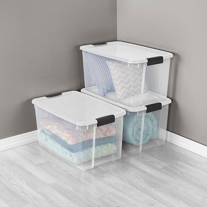 Sterilite 4 Sets of 70-Quart &amp 6 Sets of 18-Quart Heavy-Duty Stackable Storage Container Tote Clear Base w/White Latch lid for Home Organization