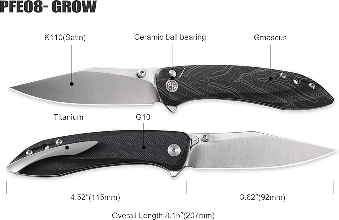 Petrified fish PFE08 Grow Folding Knife3.62 K110 Satin Blade 3.8oz G10 Handle Button Lock Pocket Knife for EDC (Green G10)