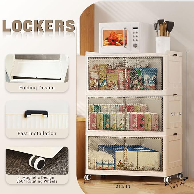 472QT Stackable Storage Bins with Lid118Gal Closet Organizers and Plastic Cabinets Shelves Collapsible Drawers with PET Clear Doors Foldable Boxes with Wheels for Home Office 3Pack