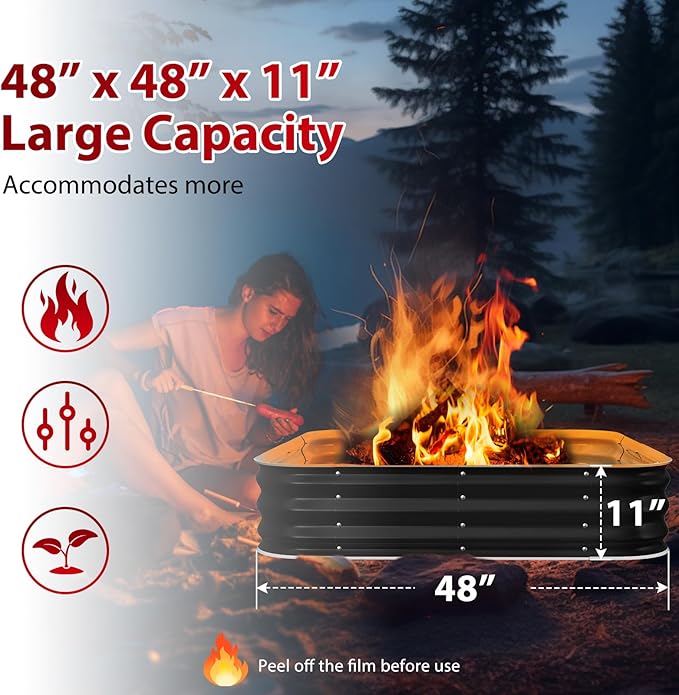 Height 11.5 Inch Square Galvanized Steel Fire Pit for Outside Heavy Duty Steel Fire Pit In-Ground for Backyard Camping Bonfire Flower Raised Garden Bed for Garden (4X4X1 FT)