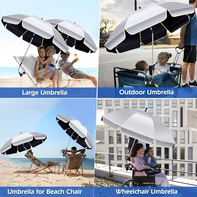2Pack 48.8 inch Large Beach Umbrella with Clamp Sun Shade for Beach Chair 360°Adjustable UV Protection Golf Umbrella with Clip for Outdoor Stroller Wheelchair Camping Chair