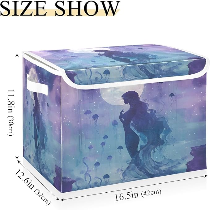 MNSRUU Containers Baskets with Lids Jellyfish Mermaid Moon Fabric Foldable Storage Bins Organizer with Lid Collapsible Storage Boxes for Home Bedroom Closet Office
