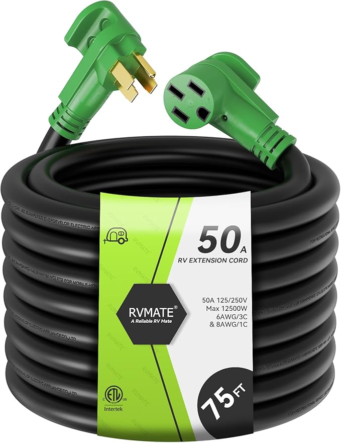 RVMATE 50 Amp 75 Feet RV/EV Extension Cord Easy Plug in Handle 14-50P to 14-50R with LED Indicator ETL Listed