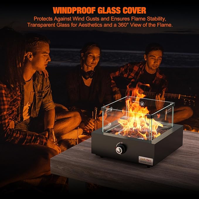 ONLYFIRE OUTDOOR LIVING 15.7 Portable Propane Gas Fire Pit Side-Mounted Modern Tabletop Fireplace Smokeless Firepit with Glass Wind Guard for Patio Camping RV Tailgating 23000BTU Squre FP040