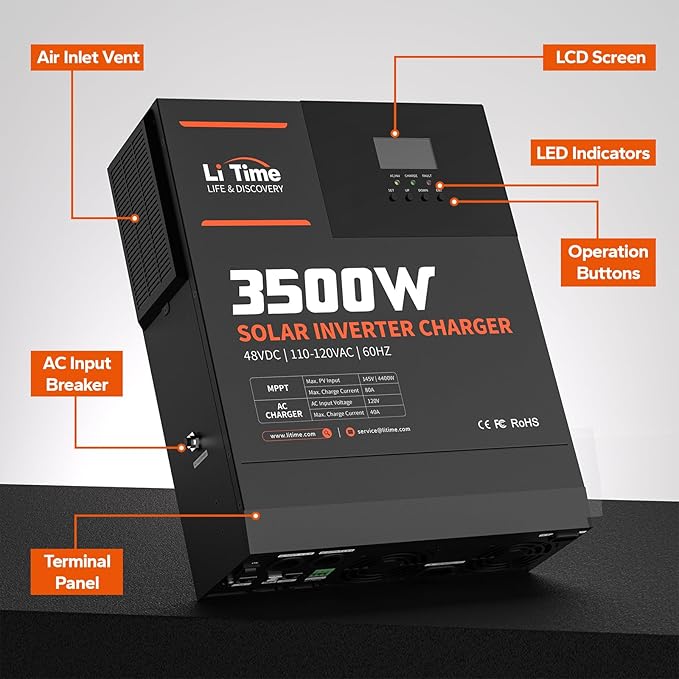 LiTime 3500W Solar Hybrid Inverter 48V DC to 120V AC All-in-One Solar Inverter Charger Built in 80A MPPT Charge Controller for 48V Lead Acid/LiFePO4 Battery Home Energy Storage Off-Grid