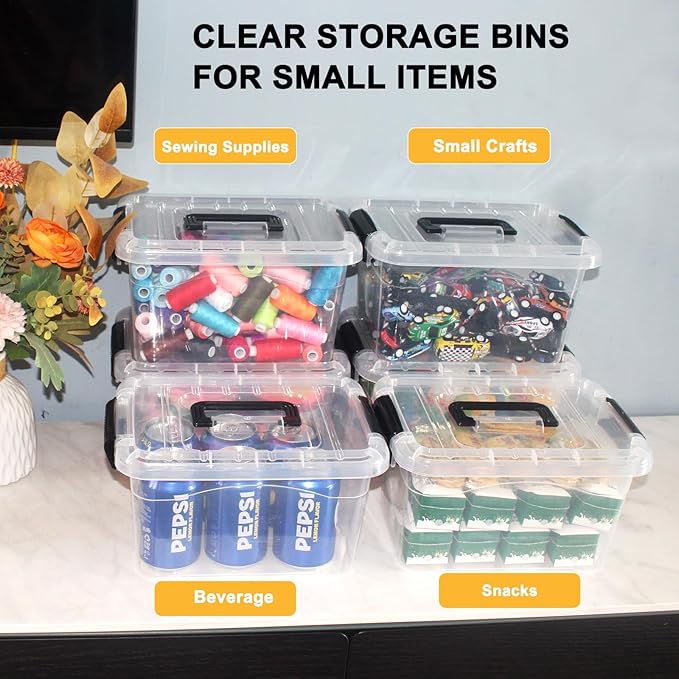 6 Packs Plastic Storage Bins with Lids and Handle 7 Quart Storage Organizer Bins with Black Buckle Lids Stackable Storage Container Clear Plastic Latching Box for Storage Organizing