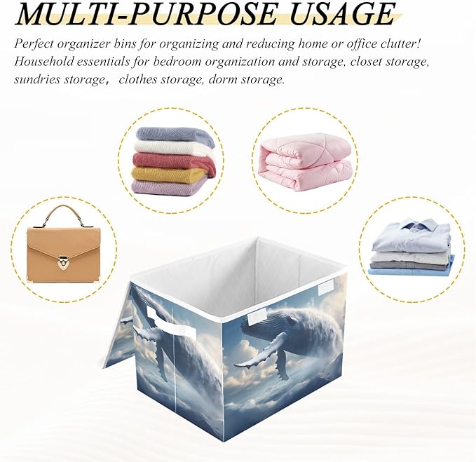 AIXIWAWA Lidded Storage Cube (Big Whale on Cloud) Fabric Foldable Closet Bins with Flip Lid and Handles Organizer Basket Container 16.5 x 12.6 x 11.8 IN