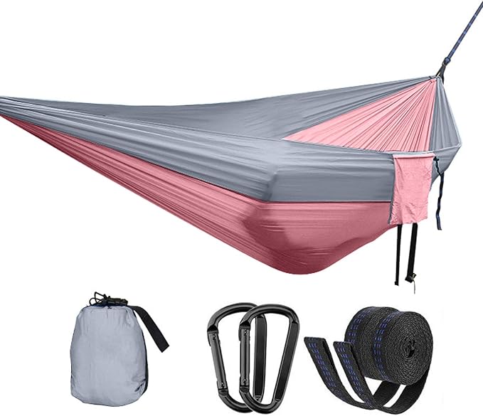 Double Camping Hammock Portable Indoor Outdoor Tree Hammock with 2 Hanging StrapsLightweight Nylon Parachute Hammocks for Backpacking Travel(Grey/Pink)