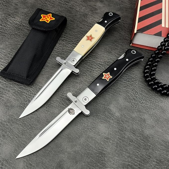 Goshawk Finka-NKVD KGB Folding Pocket Knife3.66 Mirror Polished 440C Blade and ABS HandleNylon SheathAssisted Opening Flipper Knife with Lockback EDC for Camping Hunting Survival (Ivory white)