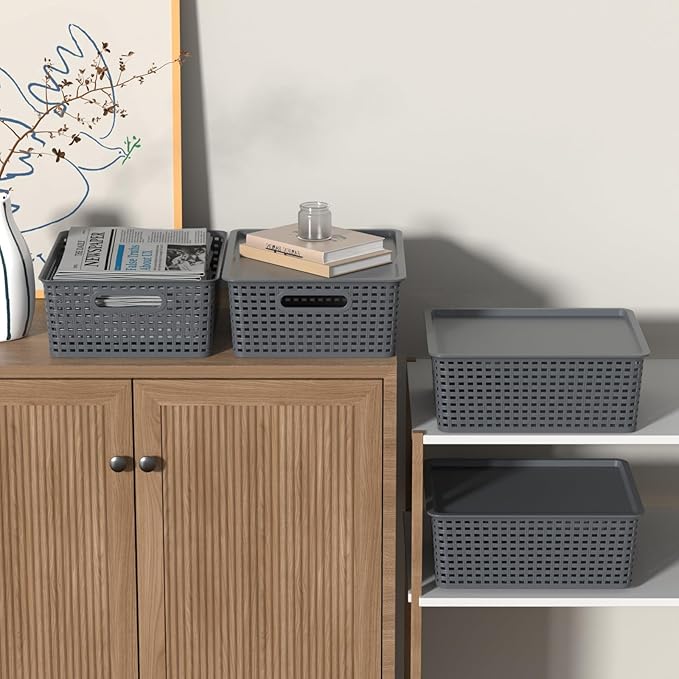 6-Pack Medium Plastic Storage Baskets Bins with Lid Lidded Storage Organizer Bins for Cabinets Countertop Shelves Gray
