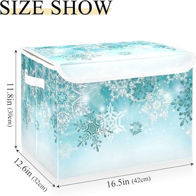 Senya Collapsible Storage Bins with Lids Silver Winter Teal Turquoise Snowflakes Christmas Storage Boxes Clothes Baskets for Organizing