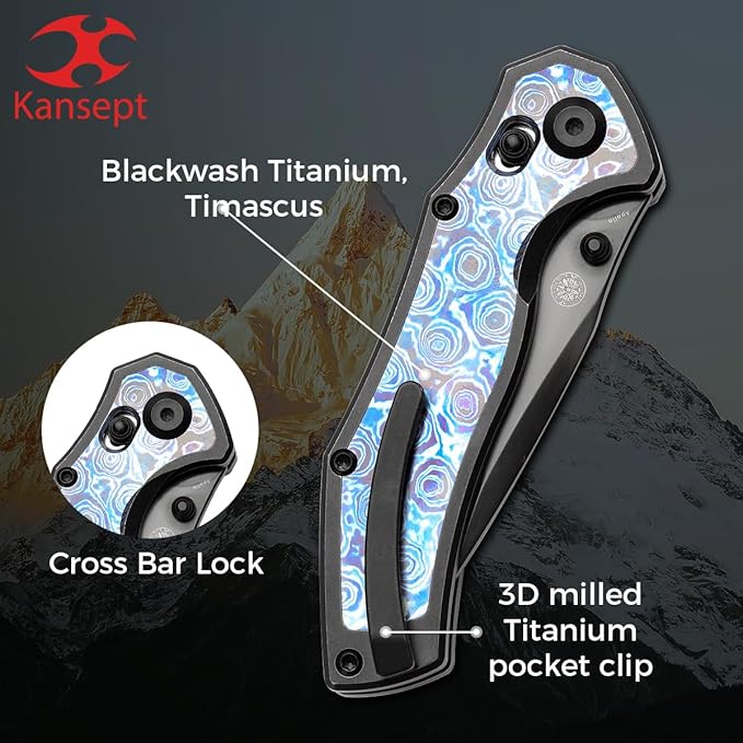 KANSEPT Apollo Pocket Knive 3.11Mirror DLC CPM S35VN Blade Blackwash Titanium inlaid Timascus Handle with ThumbStudCross Bar Lock Folding for Men WomenSharp Camping Survival Hiking Knives K2107V5