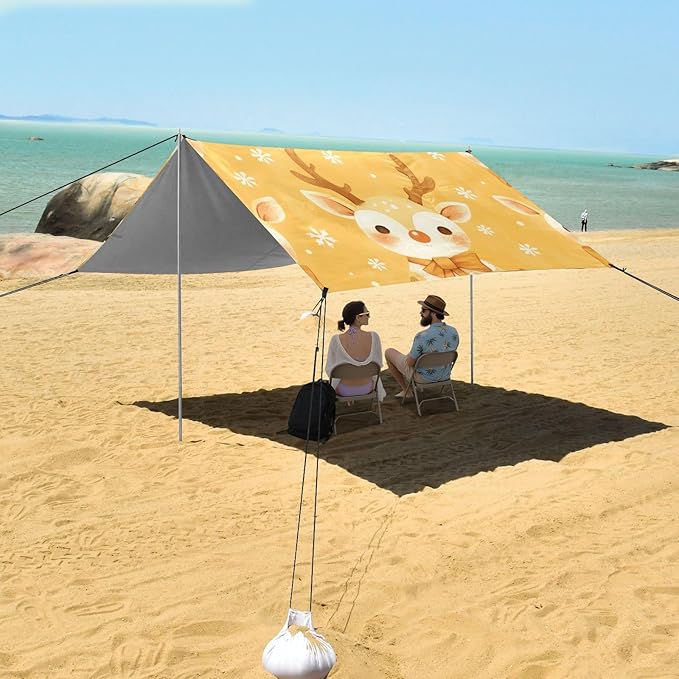 Tiny Reindeer Face Yellow Stable Beach Tent UPF50+ Water-Resistant Portable Sun Shelter Includes Sand Shovel Sandbags Stability Poles for Family Trips Picnics &amp Camping