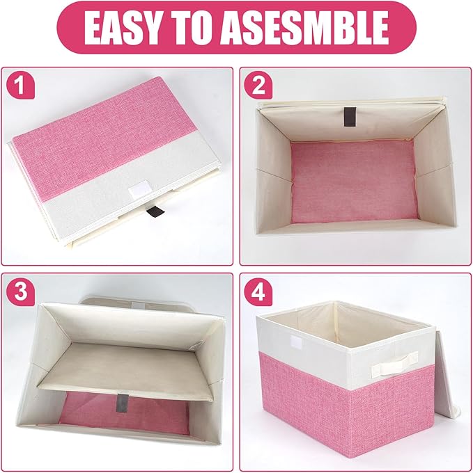 Bagnizer Large 22 Quart Linen Fabric Foldable Storage Bin Cube Organizer Basket with Flip-Top Lid &amp Handles Clothes Blanket Box for Home Office Closet Pink &amp White 4 Pack 14.6 x 9.5 x 9.5