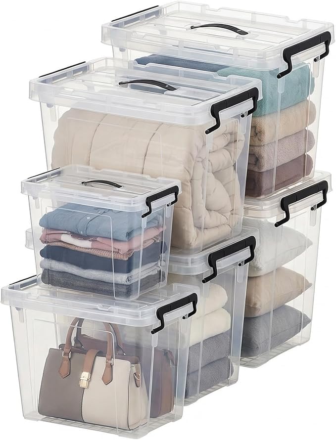 6 Pack Clear Storage Bins with Lids 288 QT (4 Pack-60 QT 1 Pack-28 QT 1 Pack-20 QT) Stackable Plastic Organizer for Home Office Garage BPA-Free Heavy-Duty with Secure Latches &amp Handles