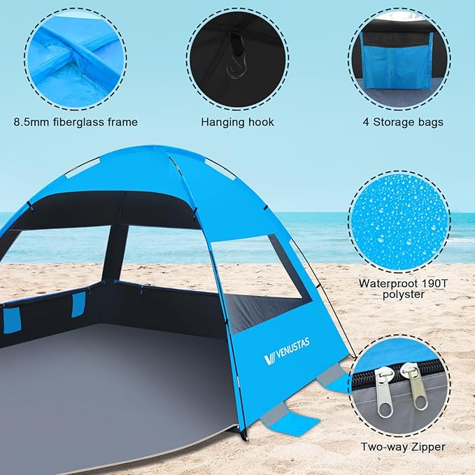 Venustas Beach Tent Sun Shelter for 3/4/6/8 Person UPF 50+ UV Protection Beach Canopy Lightweight and Easy Setup Cabana Portable Shade Tent