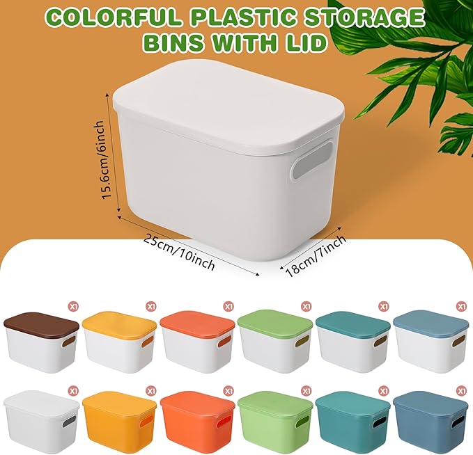 Thyle 12 Pack 7 Quarts Plastic Storage Bins Stackable Baskets with Lid and Handle with Label Colorful Desktop Box Toy Containers for Classroom Shelf Bedroom 10 x 7 x 6 Inch (Stylish Color)