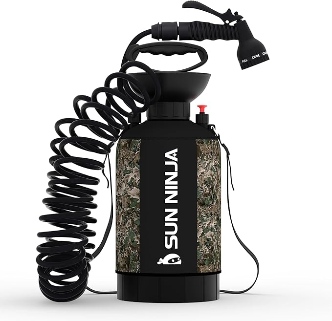 SUN NINJA Portable Shower Bundle 1.3 Gallon with Microfiber Beach Towel Multi-Spray Shower Head Neoprene Cover Keeps Water Warm Quick-Dry &amp Sand-Free Towel Complete Outdoor Cleaning Kit