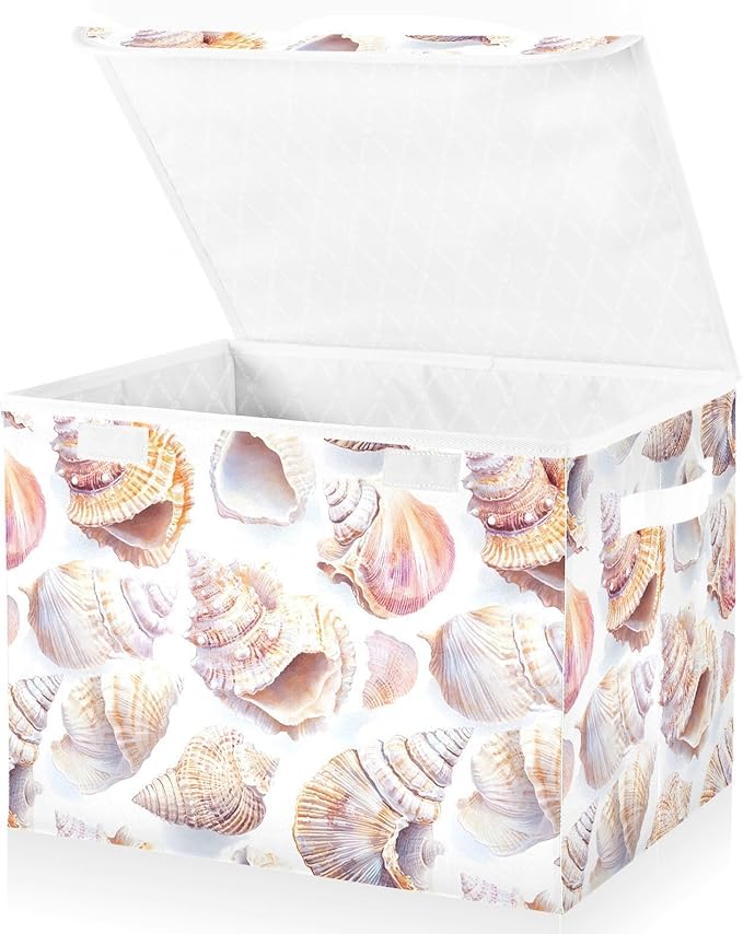 AIXIWAWA Lidded Storage Cube (Pattern Sea Shells) Fabric Foldable Closet Bins with Flip Lid and Handles Organizer Basket Container 16.5 x 12.6 x 11.8 IN