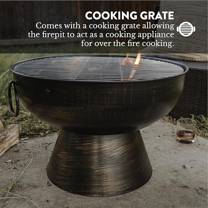 GasOne 22 in Round Outdoor Fire Pit - Wood Burning With Mesh Lid and Fire Picker - Durable Alloy Steel for Outside - Small for Backyard Porch Deck Camping BBQ