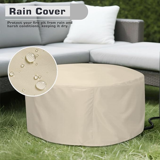 2-Piece 30 Round Propane Fire Pit for Outside Patio with Hidden Tank Table 50000 BTU Fireplaces with Wind Guard Lid Glass Rocks Cover(Wood Grain Walnut)